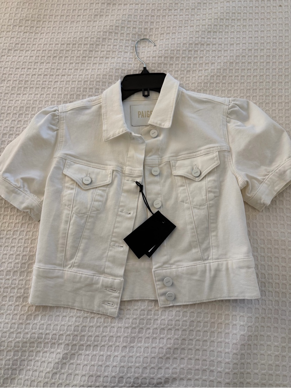 PAIGE White Short-Sleeve Cropped Denim Jacket